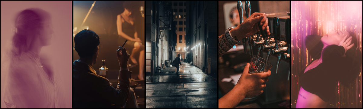 Five tiled images: a blurred woman looking away, a man with a cigar watching a singer on stage, a grey alley with a figure walking down and looking over the shoulder, two hands pouring a be